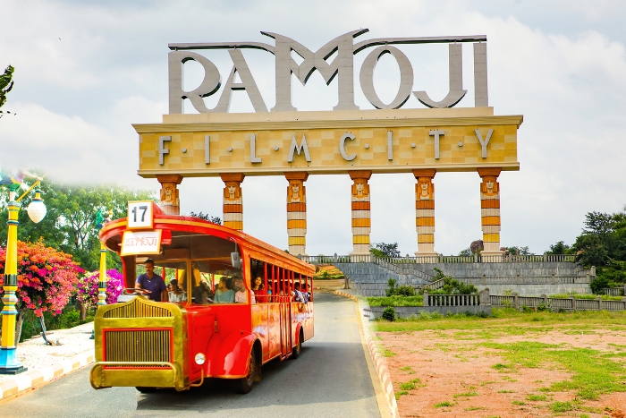 Panoramic tour of the 2,000-acre Ramoji Film City by Ramoji Vintage Red Bus Panoramic tour of the 2,000-acre Ramoji Film City by Ramoji Vintage Red Bus